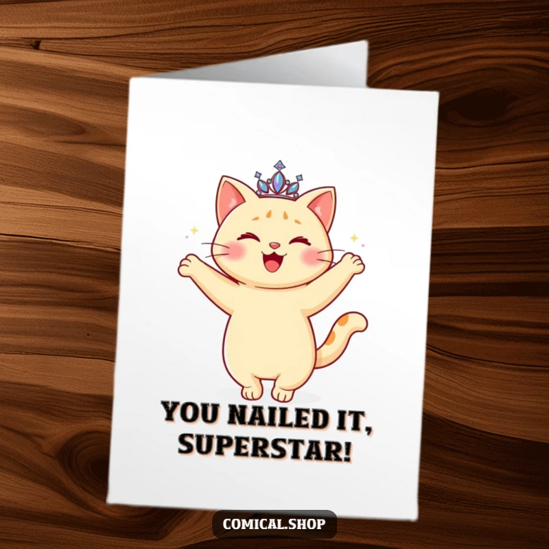Funny Free Printable Congratulations Card: Happy cat with a sparkling tiara doing a graceful twirl, celebrating victory.