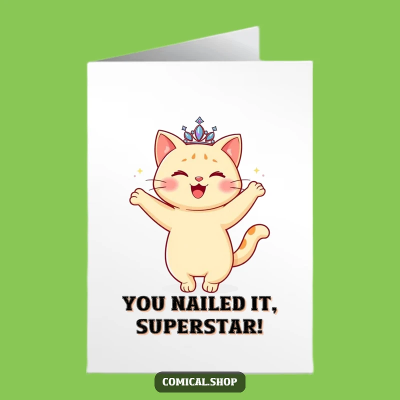 Free Printable Cat Congratulations Card: Twirling Tiarad Cat Celebrating Success Printable Gift