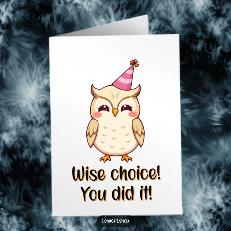 Funny Free Printable Congratulations Card: A joyful owl in a party hat hoots happily, celebrating an achievement with downloadable festivity.