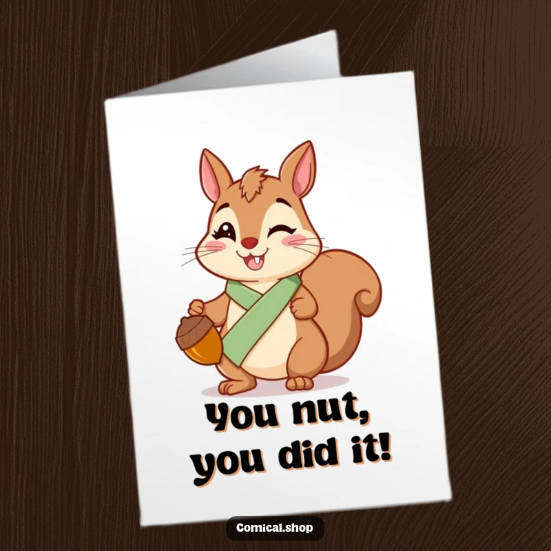 Funny Free Printable Congratulations Card: Cheerful squirrel wearing a sash holds a shiny acorn, celebrating achievement.