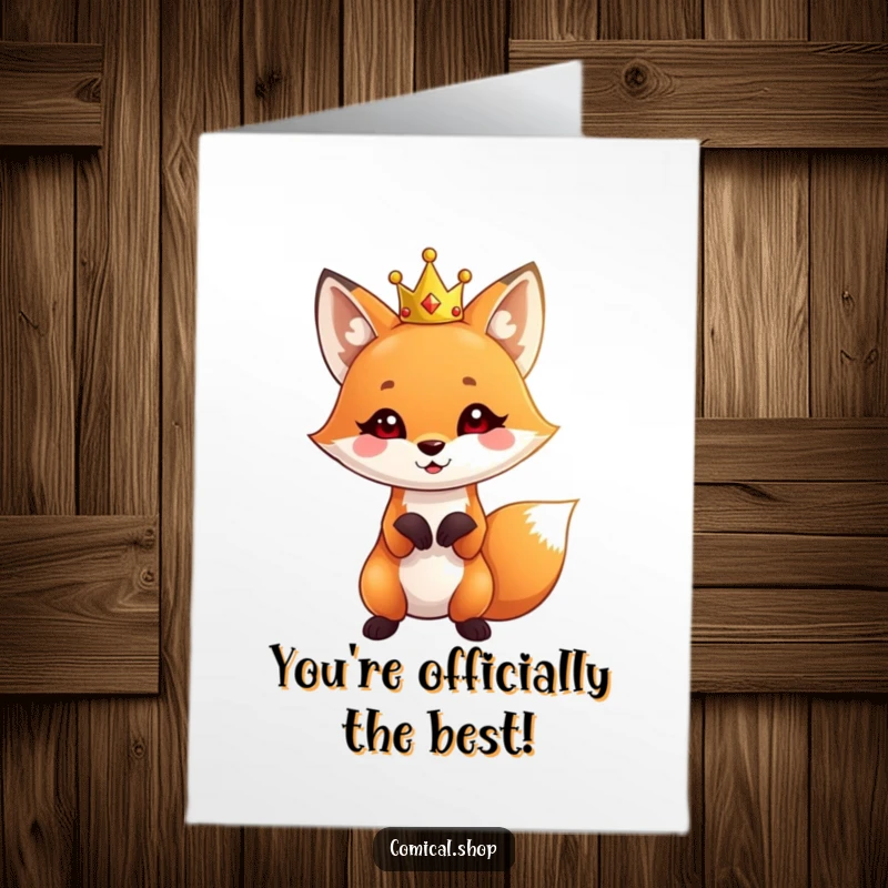Funny Free Printable Congratulations Card: Cute fox wearing a tiny crown striking a playful pose to celebrate success.
