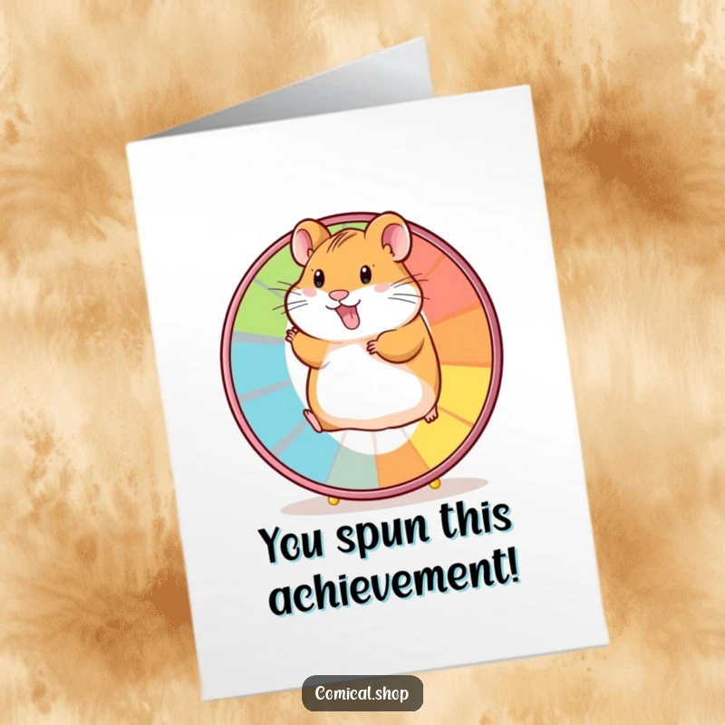 Funny Free Printable Congratulations Card: A happy hamster sprints on a colorful wheel, symbolizing achievement in a humorous, downloadable greeting.