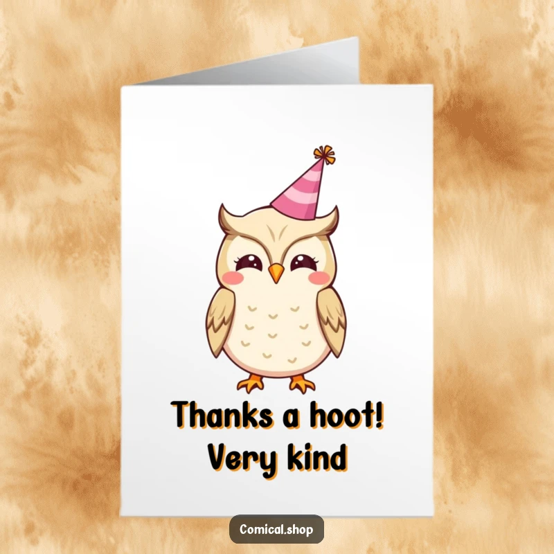 Funny Free Printable Thank You Card: A cheerful owl wearing a party hat hoots happily, expressing thanks with downloadable charm.
