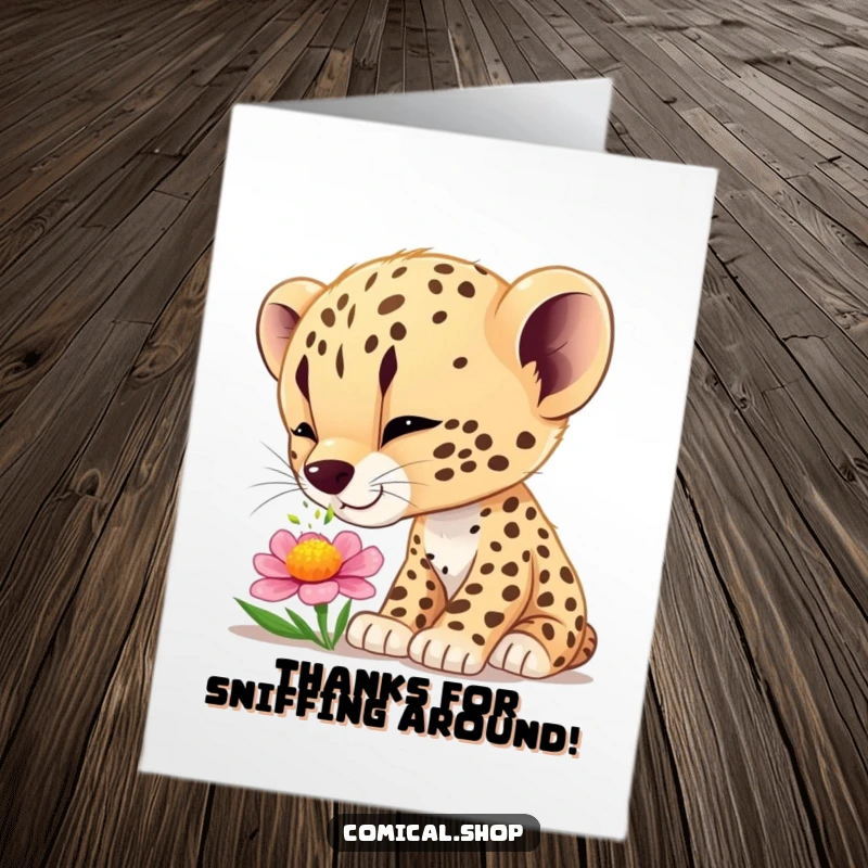 Funny Free Printable Thank You Card: A curious cheetah cub gently sniffing a colorful flower, offering a moment of quiet wonder.