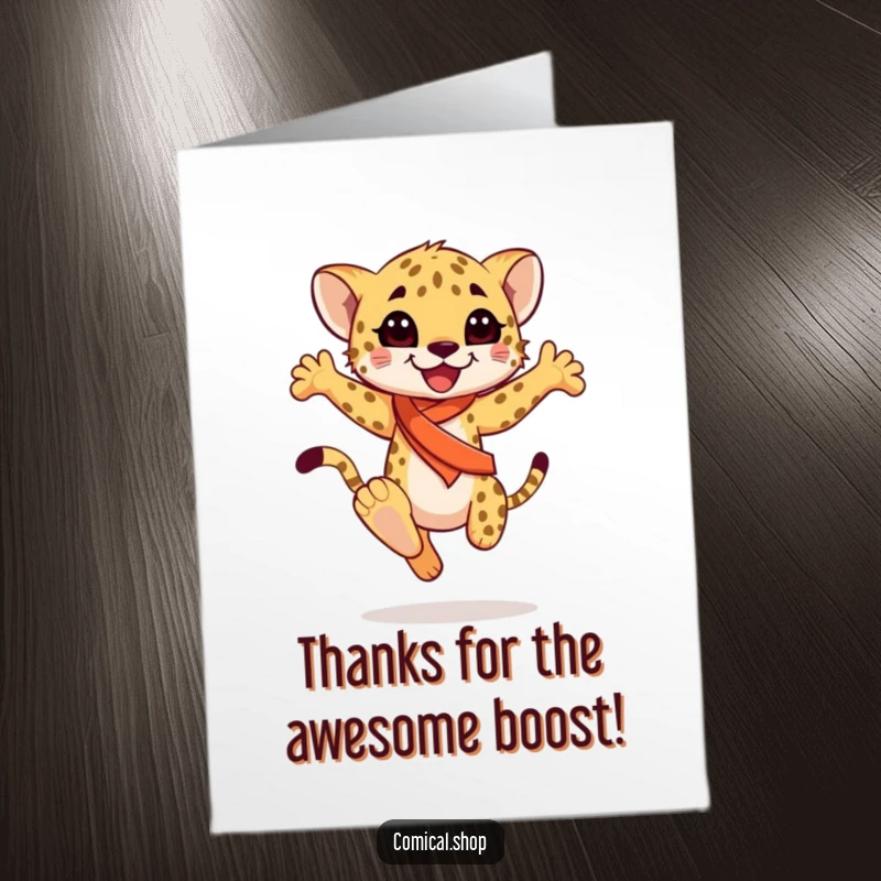 Funny Free Printable Thank You Card: Cheetah cub in a sash performs a graceful leap, expressing heartfelt thanks.