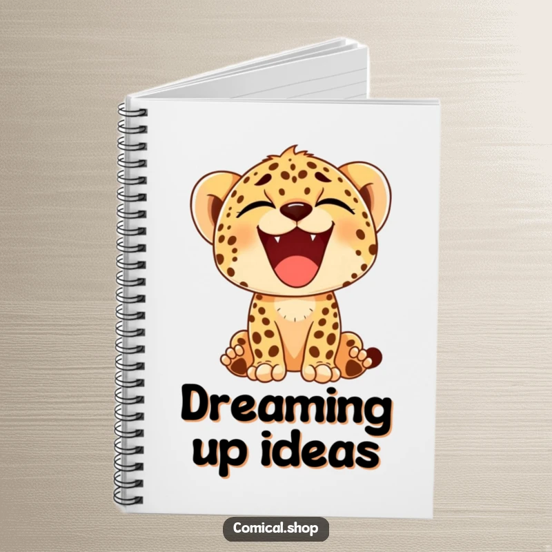 Funny notebook cover with a cheetah cub exhibiting a huge, happy yawn, suitable for jotting down ideas or daily reflections.