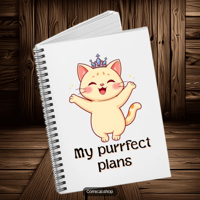 Funny Cat Tiara Notebook featuring a happy cat with a sparkling tiara, doing a graceful twirl, for writing and planning.