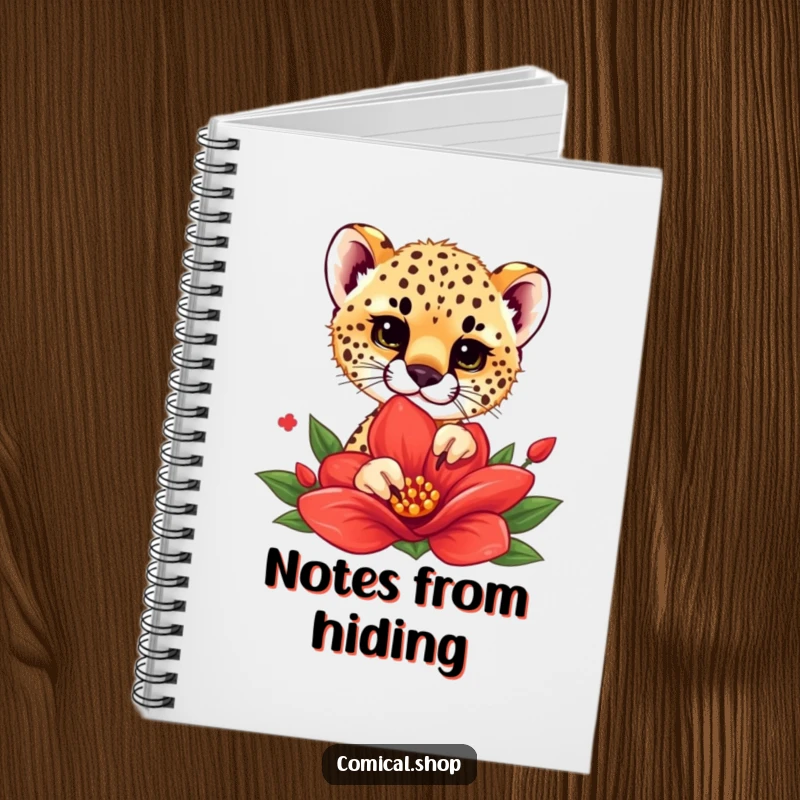 Funny notebook featuring a cheetah cub playfully peeking from behind a red flower, ideal for capturing notes and ideas with charm.