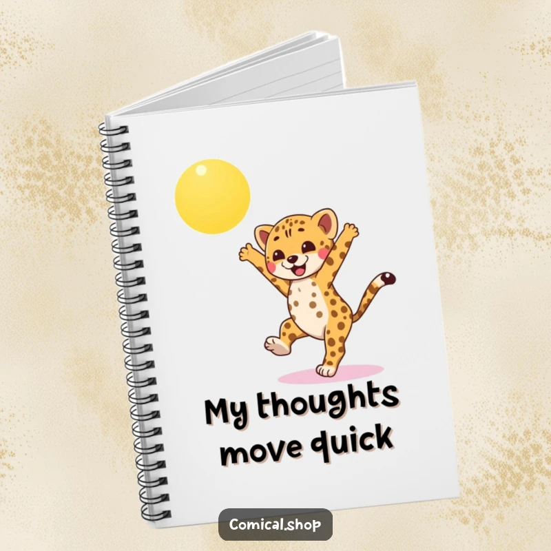Funny cheetah cub notebook, doing a cartwheel under a bright sun, ready to capture thoughts with energetic and playful flair.