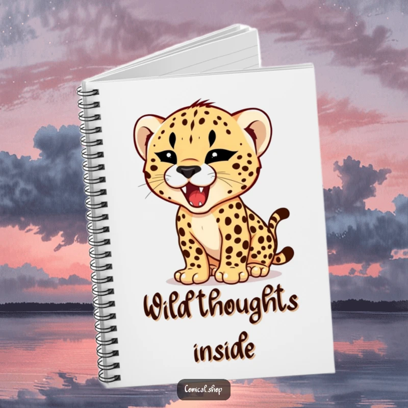 Funny notebook cover with a cheetah cub practicing its roar with a tiny, fierce expression, inspiring humorous and fierce writing.