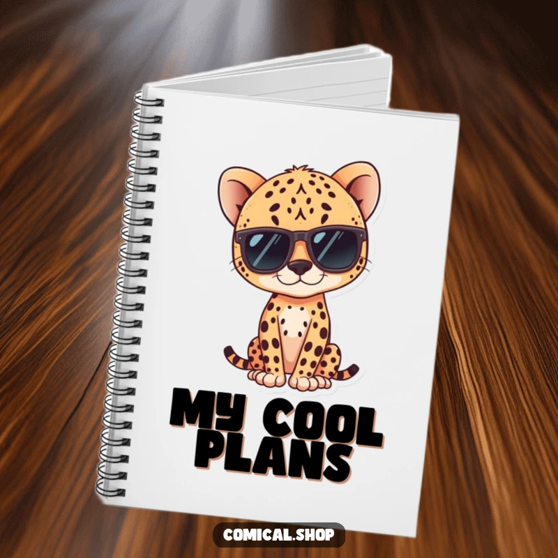 Funny kawaii cheetah wearing sunglasses, posing confidently on a notebook, ideal for journaling.