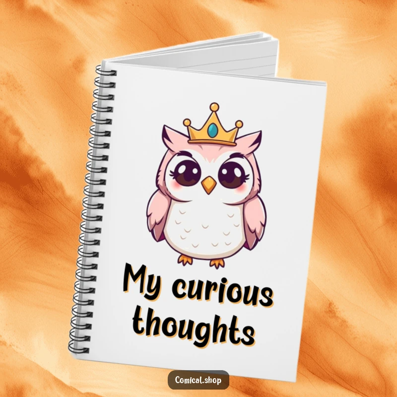 Funny Owl Crown Notebook featuring a giggling owl wearing a small crown, peering curiously, for writing and planning.