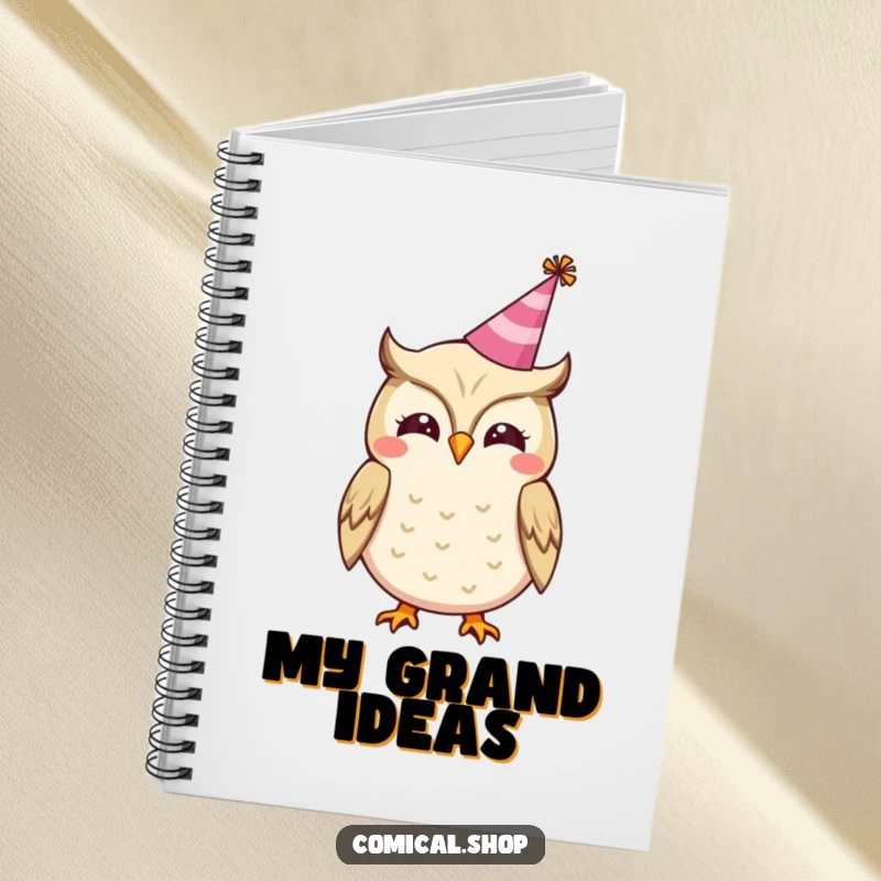 Funny notebook with a cheerful owl in a party hat, hooting happily, ideal for capturing festive plans.