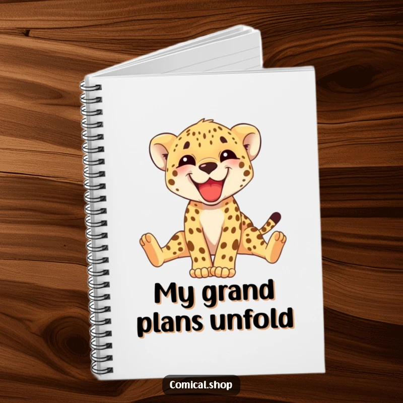 Funny cheetah cub notebook with a grinning cub stretching its long legs, encouraging creativity. A perfect gift for note-takers.