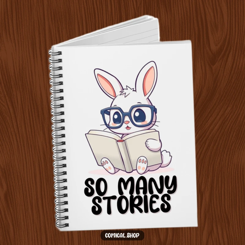 Funny notebook with a cute bunny wearing glasses, reading a large book, perfect for noting down brilliant ideas.