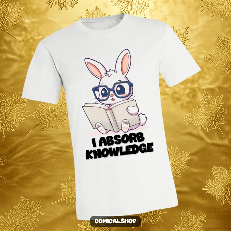 Funny t-shirt with a cute bunny wearing large glasses, intensely reading a massive book, celebrating wisdom and wit.