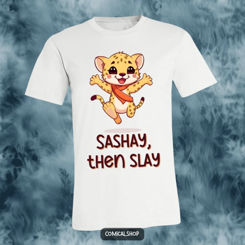 Funny happy cheetah cub wearing a sash, mid-graceful leap, on a soft t-shirt, celebrating joy, a fantastic funny gift.