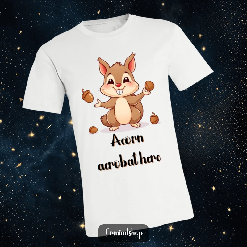 Funny t-shirt with a grinning squirrel, energetically juggling a pile of acorns, depicting pure, mischievous fun.
