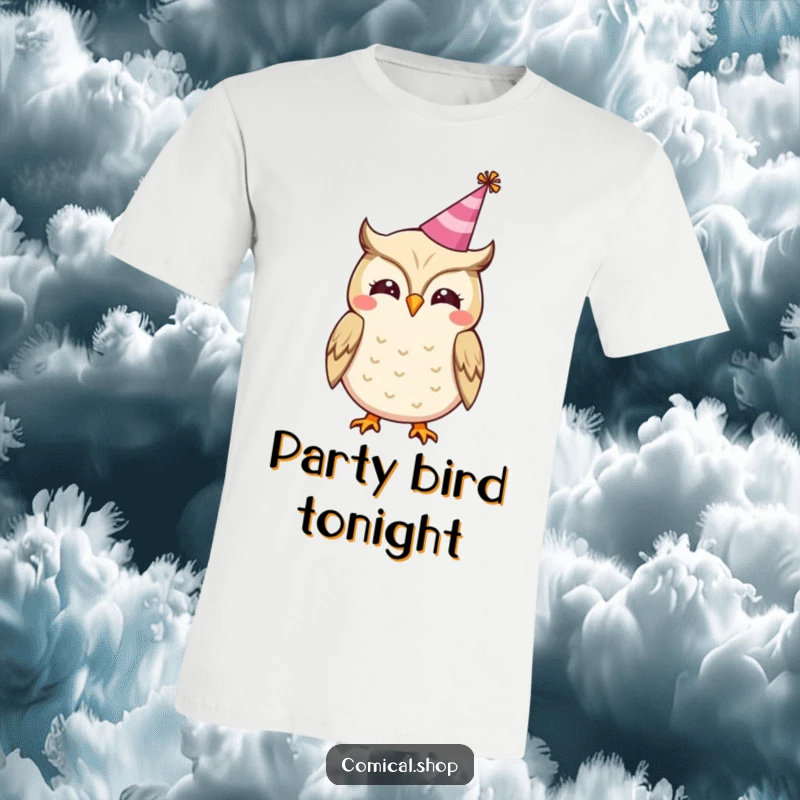 Funny t-shirt featuring a cheerful owl in a tiny party hat, letting out a happy hoot, ready for fun.