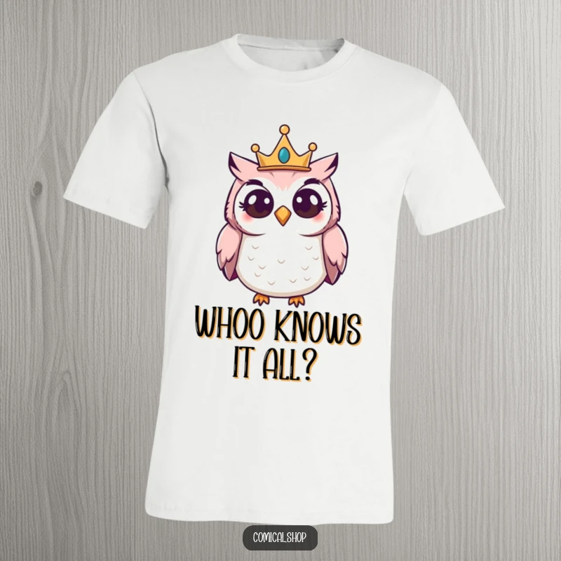 Funny Owl Crown T-Shirt with a giggling owl wearing a small crown, peering curiously, exuding playful intelligence.