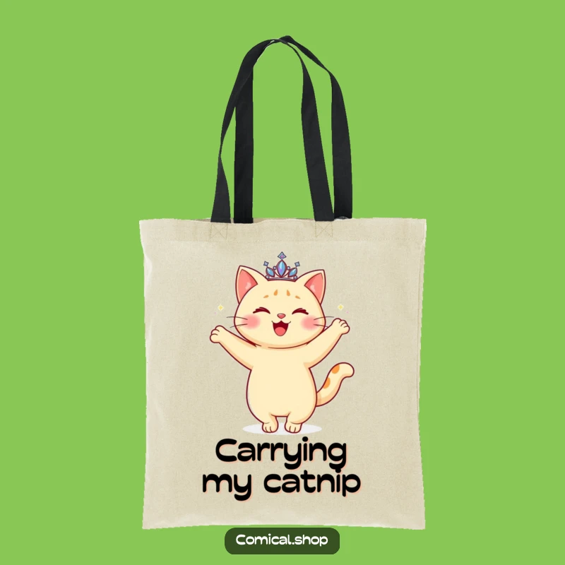 Carry your belongings with feline flair with this 'Funny Cat Tiara' tote bag. This happy, twirling cat is ready to go anywhere.