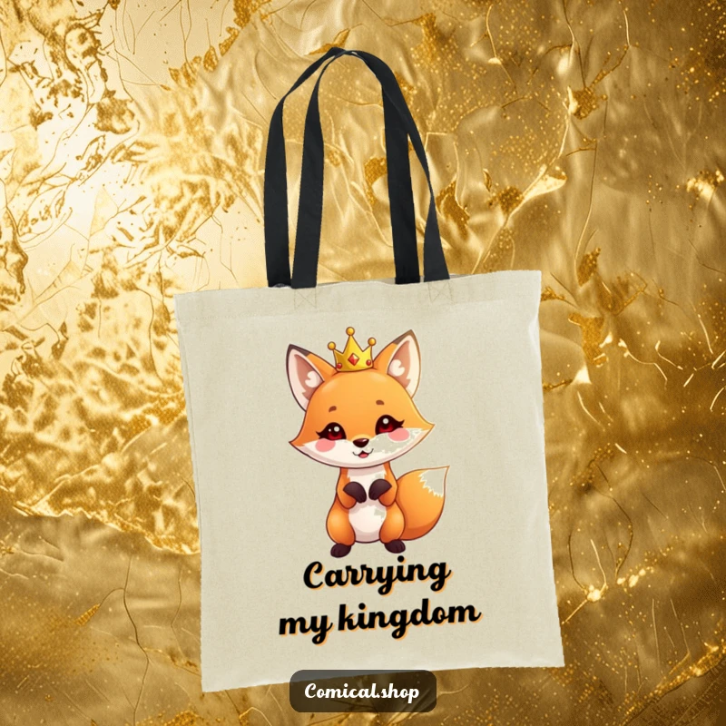 Funny Fox Crown Tote Bag showcasing a cute fox wearing a tiny crown, striking a playful pose, ready for shopping.