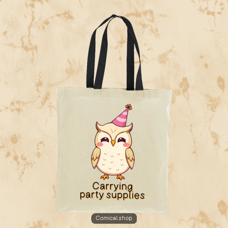 Funny tote bag featuring a cheerful owl in a party hat, hooting happily, perfect for carrying party supplies.