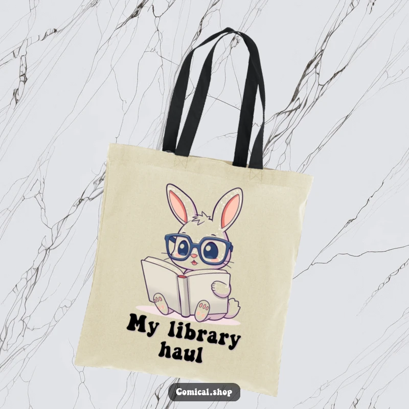 Funny tote bag featuring a cute bunny with glasses reading a huge book, perfect for carrying essentials with scholarly flair.