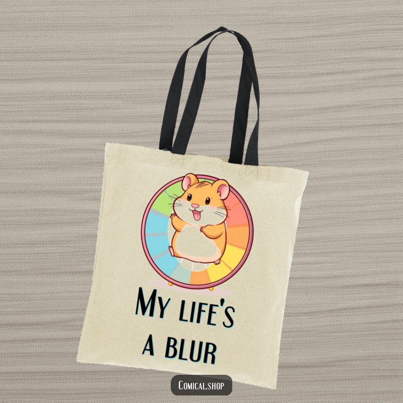 Funny tote bag illustration of a cheerful hamster running on a vivid wheel, a charming accessory for pet lovers.