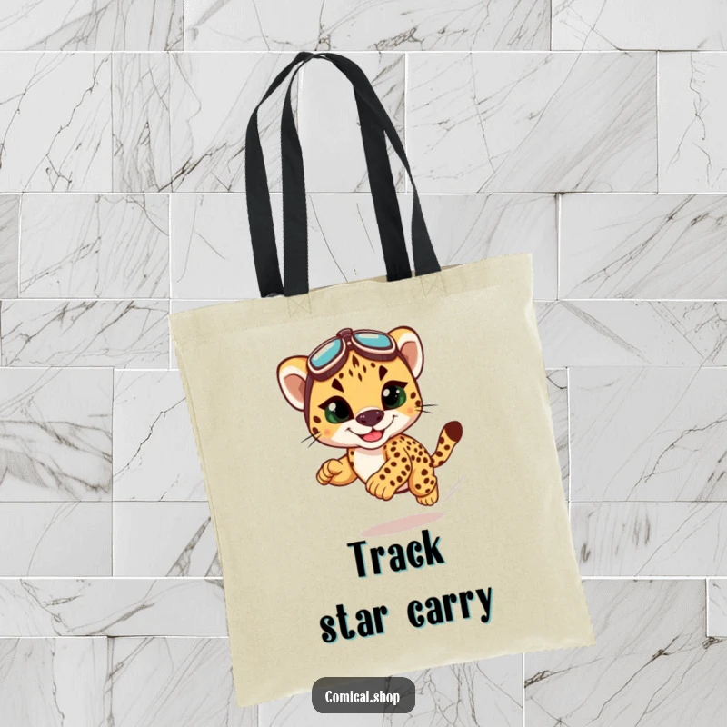 Funny cheetah cub racing tote bag with a grinning cub in goggles, perfect for carrying items with speed and humor.